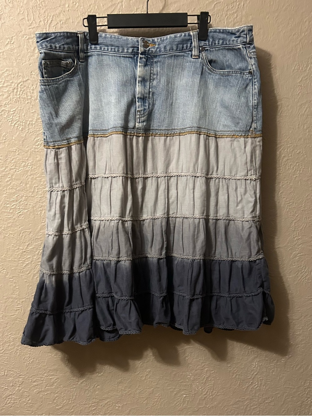 Faded Glory Ombre Tiered Denim Maxi Skirt in Light and Dark Blue